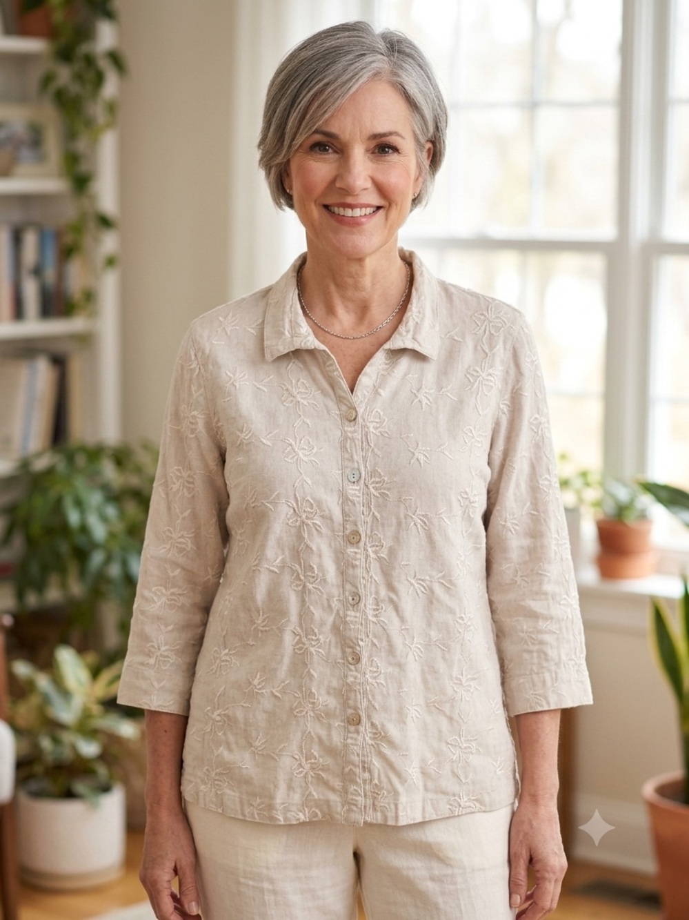 John Mark Cream Floral Embroidered Linen Button-Down Shirt, Women’s Size Small